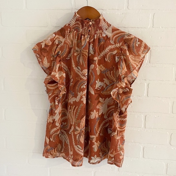 Revolve x Joie Blouse Rust Orange Metallic Floral High Neck Flounce shoulder XS - Picture 3 of 13